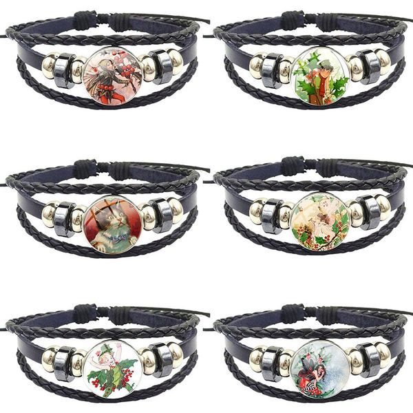 

new brand jewelry with glass cabochon statement black leather bracelet bangle for girls wholesale holly fairy bronze color, Golden;silver