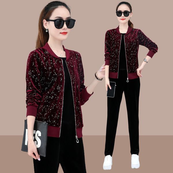 

running sets 3pcs autumn women tracksuit sportswear velvet loose jacket+sweatshirt+pant jogger fitness workout casual set sport suit, Black;blue