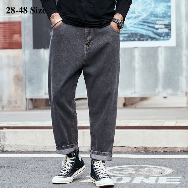 

plus size 42 44 46 48 men's loose jeans fashion wide leg denim pants light blue gray streetwear casual male trousers brand
