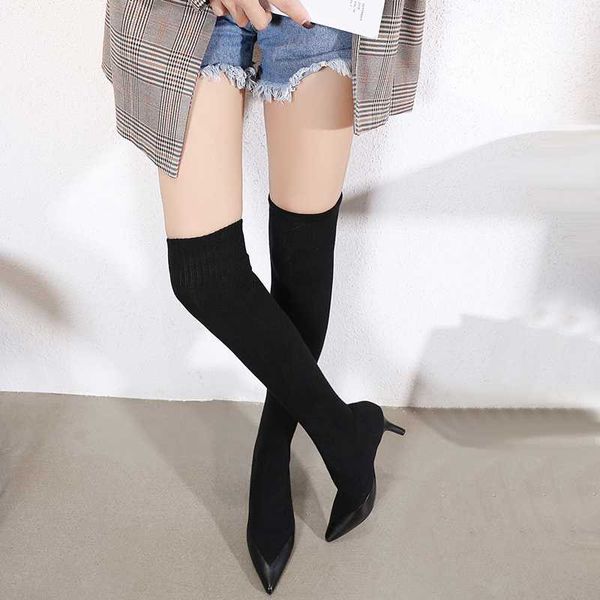 

heels women 2020 over the knee boots high heel sock boots fall elastic force thigh high designer femmes bottes, Black