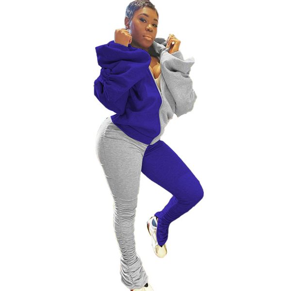 

stacked pants 2 piece sets womens knitted outfits long sleeve o-neck clothing pleated trousers zipper suit two piece set, Gray