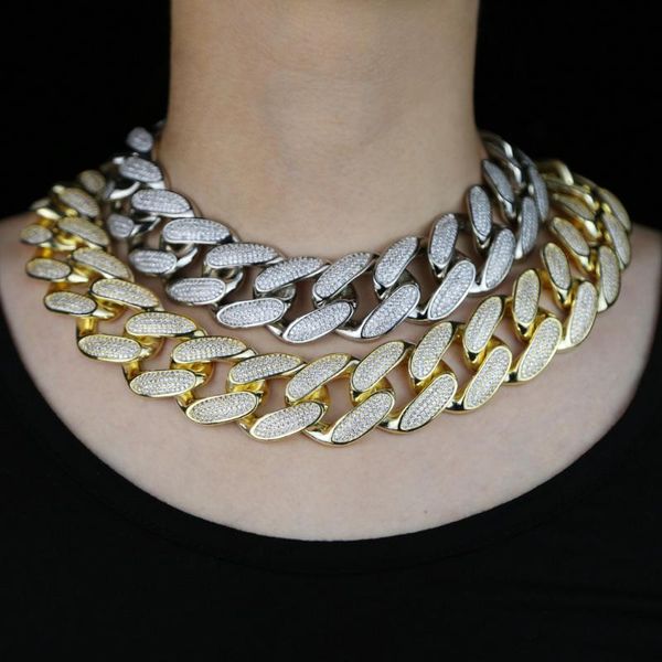 

30mm big heavy cuban link chain iced out bling cz choker necklaces for hiphop women lady fashion wedding part jewelry wholesale, Golden;silver