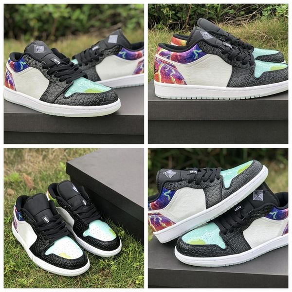 

new 1 low galaxy basketball shoes man woman glow in the dark black multi color white snake cw7309-090 sneakers with original box