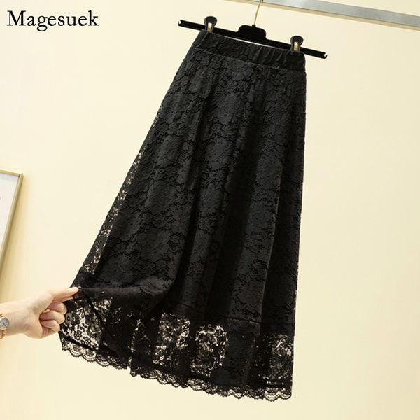 

autumn casual lace black skirt high waist loose skirts womens 2020 new floral mid-calf plus size women skirt mujer faldas 9833