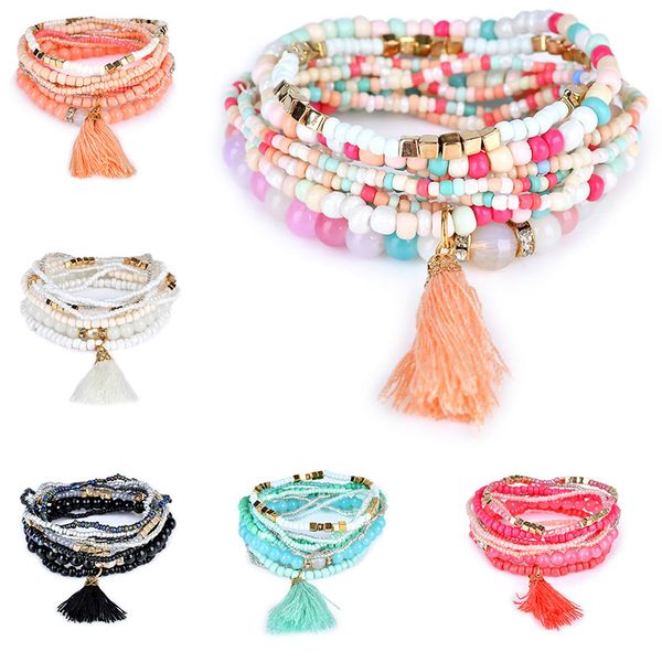 

New Bohemian Beach Multilayer crystal Beads Tassel Charm Bracelets Bangles For Women Gift Wrist Mala Bracelet drop ship 320116