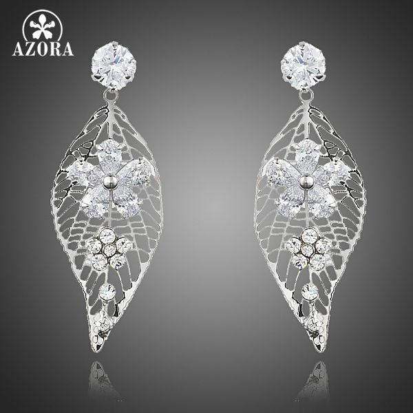 

dangle & chandelier azora attractive leaf design clear grade cubic zirconia flower water drop earrings for women te0201, Silver