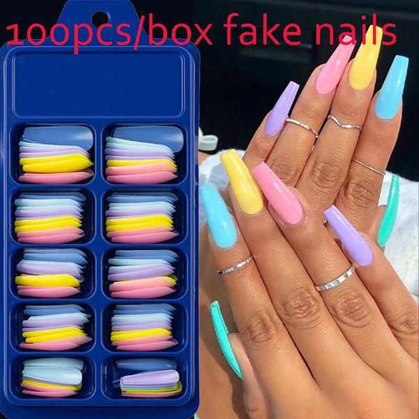 

false nails 100pcs clear yellow pink fake long coffin ballerina artificial abs full cover nail art tips extension manicure tools, Red;gold