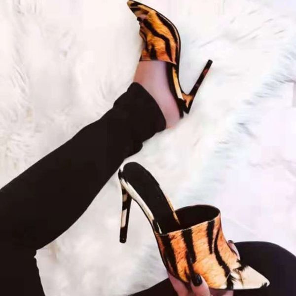 

high heels slippers woman shoes leopard zebra pattern outdoor ladies slides pointed toe open toe stiletto party sandals, Black