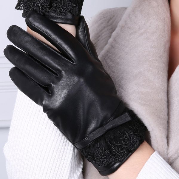 

gloves female winter sheep skin lace casual plus velvet leather gloves korean outdoor riding thick warm leather women, Blue;gray