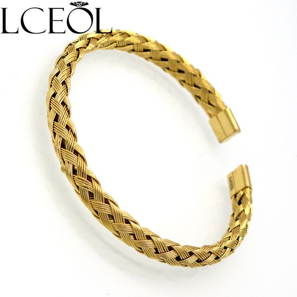 

lceol new fashion cuff bangles jewelry women's stainless steel weave simple style gold color bracelets for women's jewelry, Black