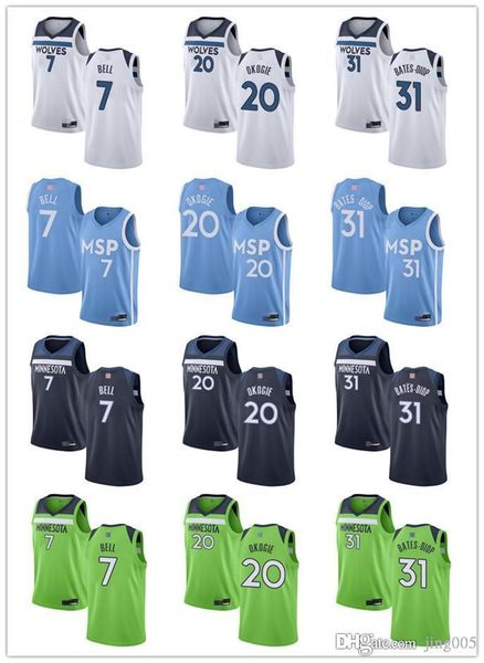 

mens womens youth minnesota timberwolves 7 bell 20 josh okogie 31 keita bates-diop white green navy customs basketball jerseys, Black;red