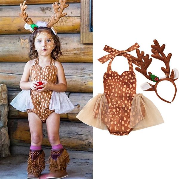 

0-24m infant christmas romper toddler mesh patchwork halter deer jumpsuit for newborn baby girls playsuit with antler hair hoop, Blue