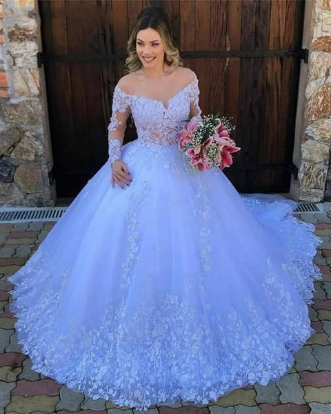 

white princess ball gown wedding dresses bridal gowns 2021 floral lace appliques illusion back long sleeve plus size robe de mariee