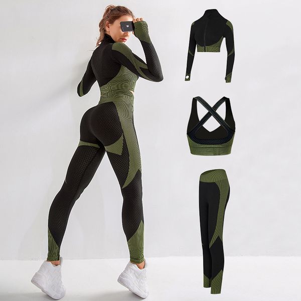 

yoga outfits 3 piece seamless set female sport gym clothes women sports bra pants full zip crop long sleeve workout clothing, White;red