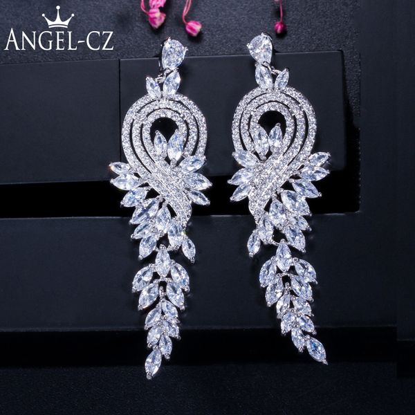 

dangle & chandelier angelcz glittering bridesmaid cz jewelry leaf shape zirconia inlaid women long drop earrings for wedding dress accessori, Silver