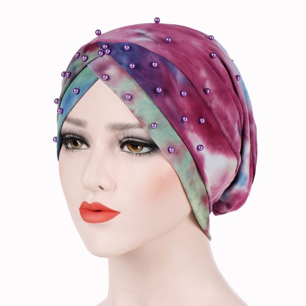 

beanie/skull caps women turban hat hair bonnets forehead crossed tie-dye beaded head wrap slouchy cap tb-63, Blue;gray