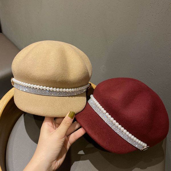

stingy brim hats 202108-qiaoyou-france design autumn wool pearl shiny diamond webbing lady leisure octagonal hat women visors cap, Blue;gray