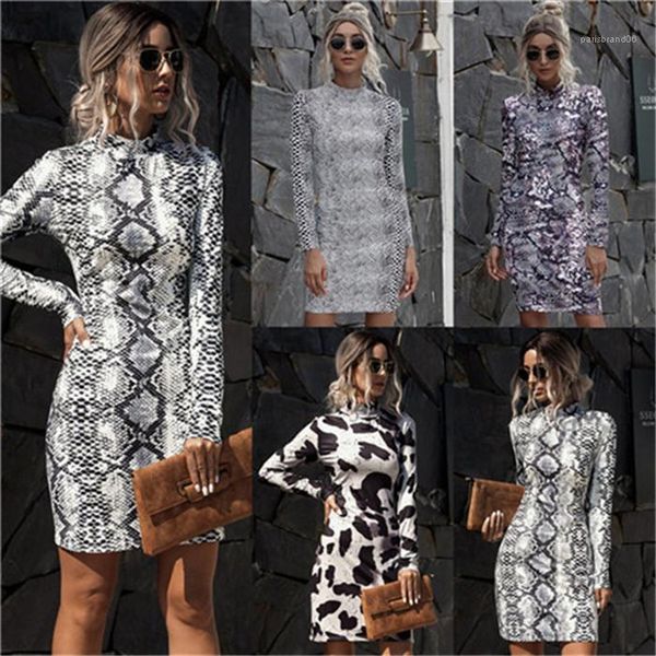 

slim bodycon dresses leopard snake print dresses womens designer stand collar long sleeve clothing casual high waist women, Black;gray