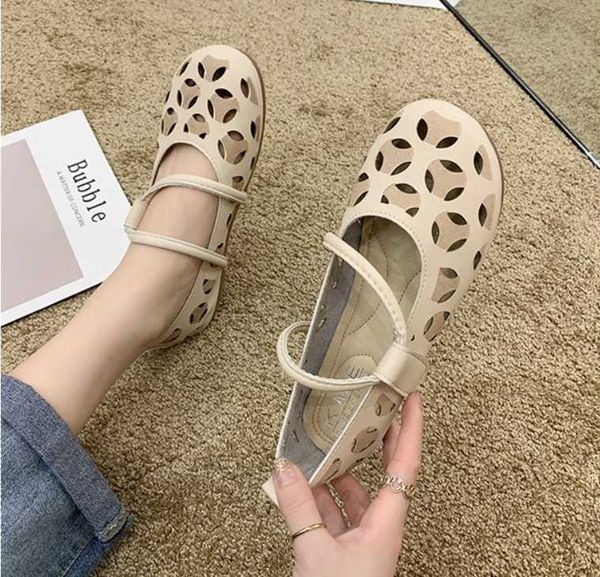 

summer ballet flats women leather shoes women soft bottom hollow out shoes slip on breathable flats, Black