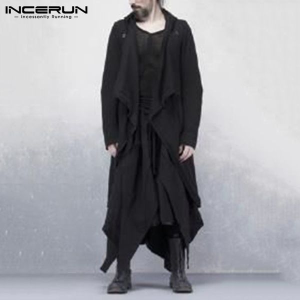 

incerun irregular solid color trench men fashion hooded long sleeve coats loose punk style cloak mens button outer clothing 5xl7, Tan;black