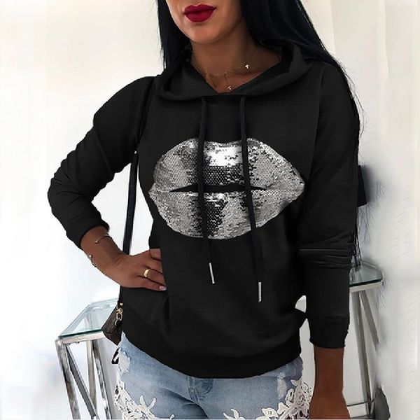 

autumn women lip print hooded sweatshirt casual loose drawstring pullover 2020 elegant female long sleeve hoodie streetwear, Black