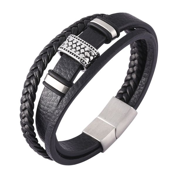 

men jewelry fashion black multilayer braided leather rope bracelet punk stainless steel magnet buckle bracelets wristband c0445, Golden;silver