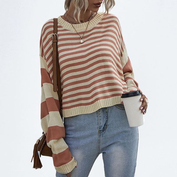 

women's sweaters striped long sleeve cropped pullover sweater batwing knitted ribbed pull femme korean jumper, White;black