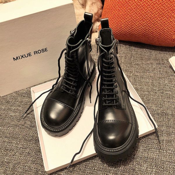 

autumn winter boots fashion british women motorcycle boots lace up black mid-calf female thick bottom platform shoes