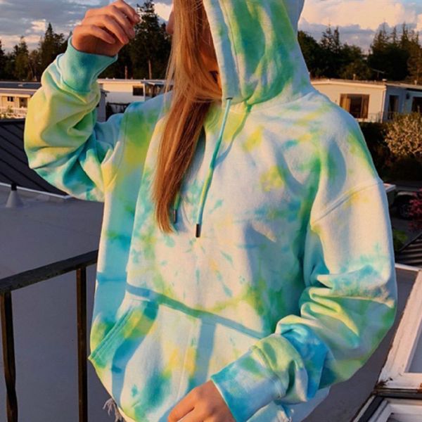 

autumn hooded tie-dye print women's hoodies long sleeve drawstring pockets female sweatshirts 2020 new streetwear ladies hoodie, Black