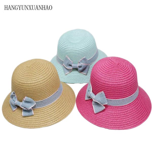 

wide brim hats parent-child straw cute child girls hat bowknot sun kids large beach summer round flat fedora, Blue;gray