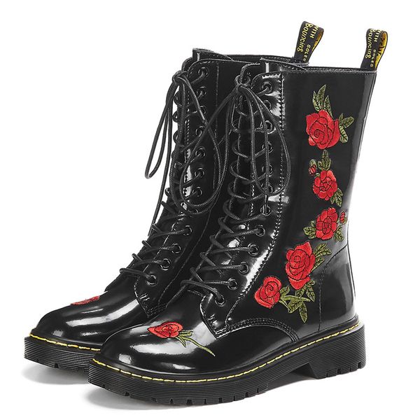 

2020 women genuine leather flower boots casual flat embroidered matin booties lace-up heel zipper boots, Black