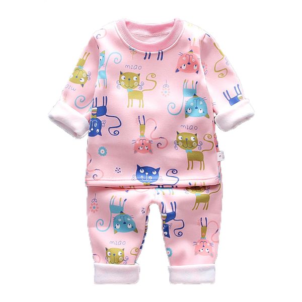 

2020 baby girls thicken pajama sets boys cartoon o-neck t-shirt pants suits autumn winter baby kids warm sleeping clothes, White