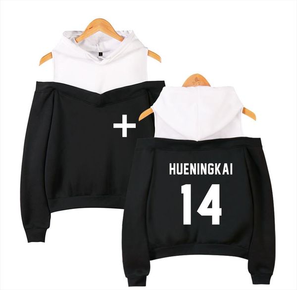 

2020 kpop txt hoodies women txt tomorrow x together off shoulder hoodie hueningkai yeonjun soobin name printed patchwork hoodie, Black