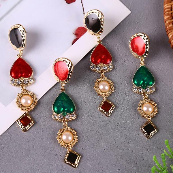 

vintage long enamel metal heart drop earrings for women korean pearl geometric luxury summer earring unique jewelry dropshipping, Silver