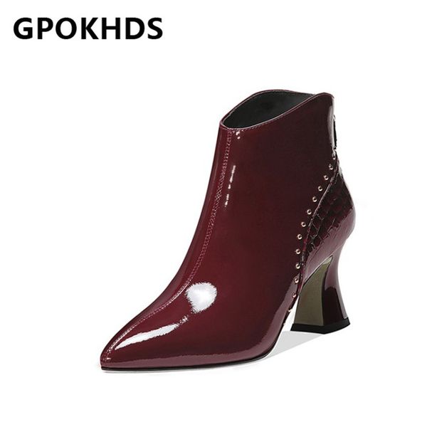 

gpokhds 2021 women ankle boots cow leather winter short plush pointed toe zipper rivet high heels female boots size 39, Black