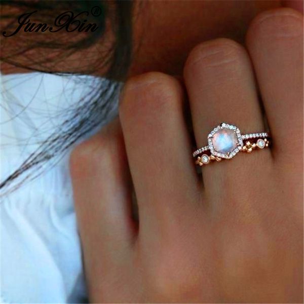 

wedding rings junxin boho female hexagon clear moonstone ring sets for women rose gold filled white crystal engagement couple jewelry cz, Slivery;golden