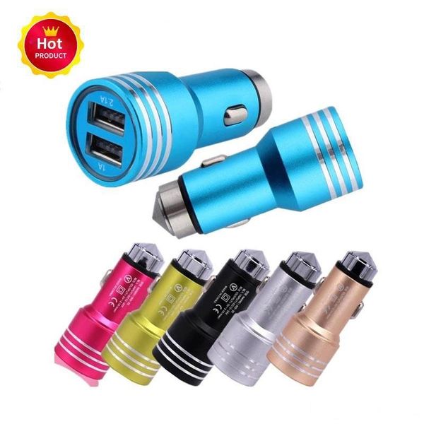 

aluminum metal safety hammer car charger dual usb port travel power adapter auto car charger universal for iphone 11 samsung htc smartphone