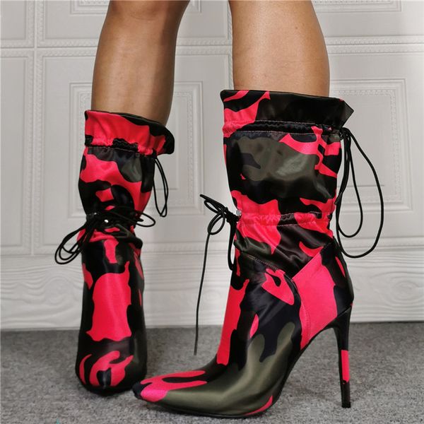 Spitze Zeh Neue Modestil gedruckt Stiletto Mid-Cald Gladiator Elastic Band Blue Rose Red Long High Heel Boots 5