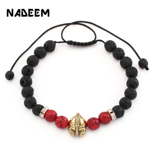 

knight warrior gladiator helmet charm beads bracelet for women men natural howlite lava stone bead adjustable braiding bracelets, Golden;silver