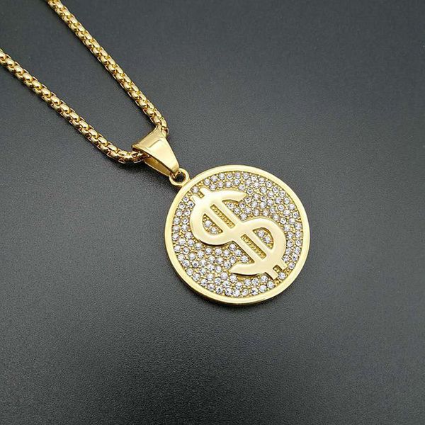 

hip hop rhinestones paved bling iced out stainless steel us dollar money round pendants necklaces for men rapper jewelry, Silver