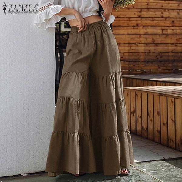 

2020 summer solid flared pants zanzea fashion holiday tiered trousers women casual elastic waist beach wide leg pantalon robe, Black;white