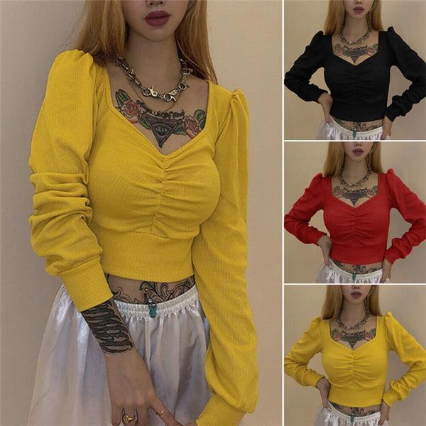 

sexy женщин v-образным вырезом тонкий вязаный пуловер перемычка свитер осень осень crop топы puff рукавом длинные рукава трикотажной свитер, White;black