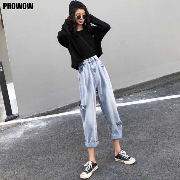 

2020 women's clothing high waist jeans summer vintage fashion student hole loose wide leg harem pants lady one-piece cowboy pant, Black;white