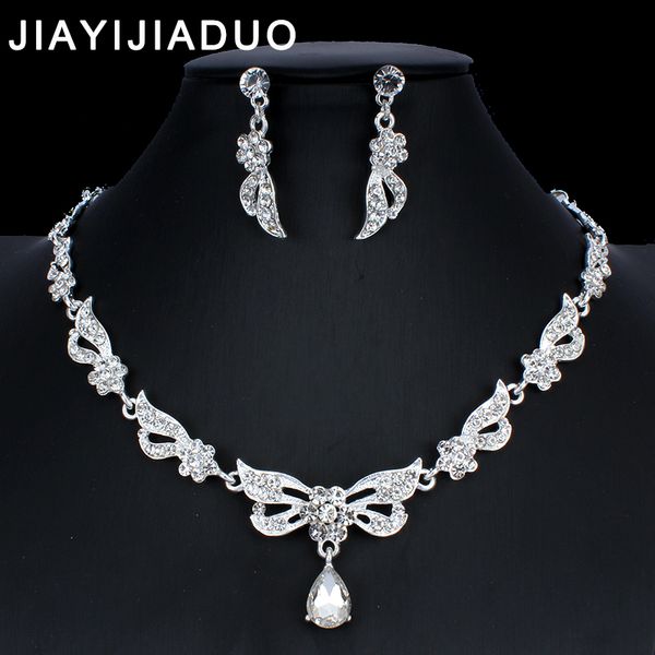 

jiayijiaduo women's wedding jewelry set silver color crystal necklace earrings set girls banquet dress gifts dropshipping ne+ea