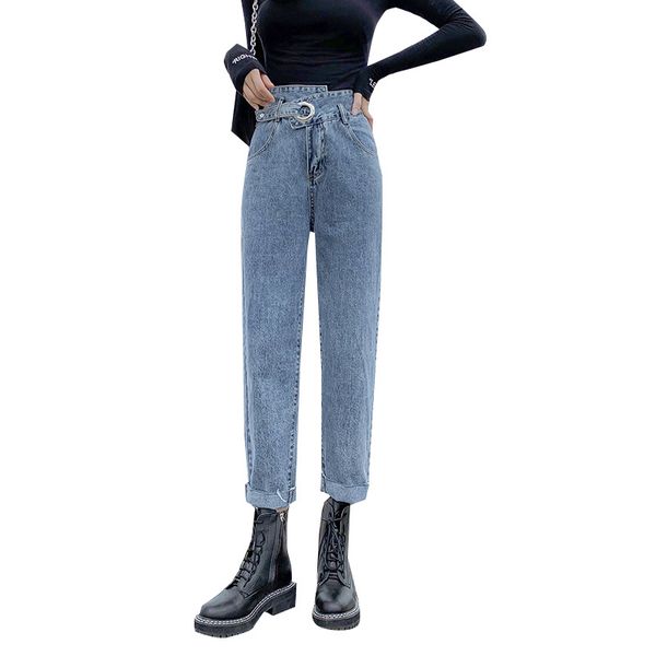 

women's jeans style for autumn and winter cool waist double buckle adjustable harlan college casual wind capri-pants, Blue