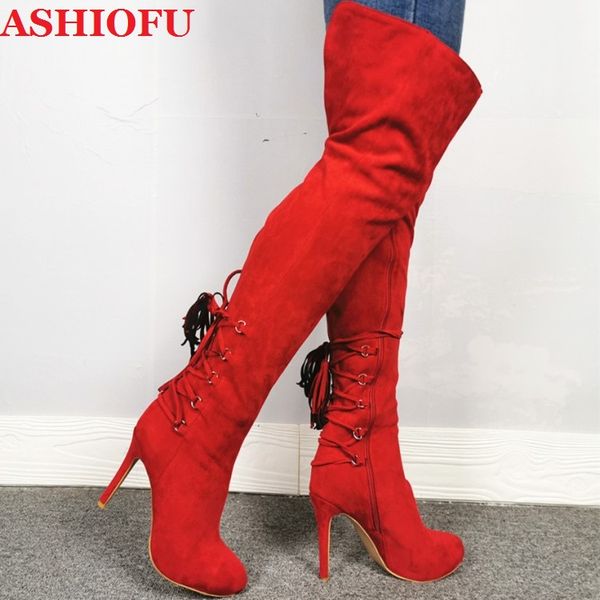 

ashiofu real pictures women's high heels over knee boots fringed&tassels thigh high boots evening fashion winter, Black