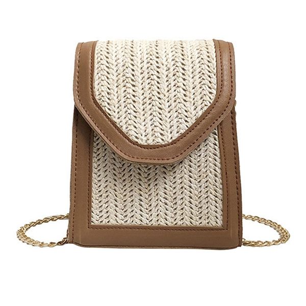 

women handwork grass weaving mini sling bag mobile phone bag chain messenger
