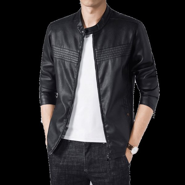 

men's jackets motorcycle jacket men neckline with buttons slim bomber for man black zipper pocket pu leather fleece coats, Black;brown
