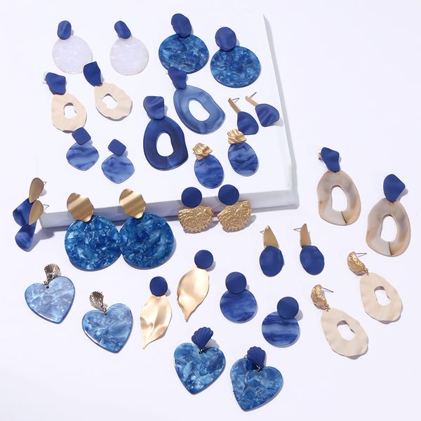 

komi bohemian fashion blue gold geometric acrylic earrings irregular hollow circle heart leaves resin pendant jewelrys c20217, Silver