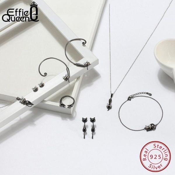 

effie queen real 925 silver stud earrings for women white enamel black gun plated earring cat jewelry gift orecchini, Golden;silver